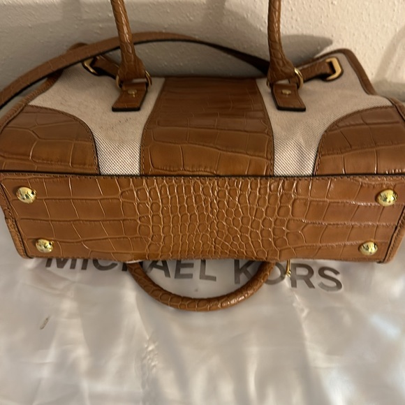 MICHAEL KORS HAMILTON WALNUT BROWN CROC LEATHER CENTER STRIPE SATCHEL - Picture 8 of 11